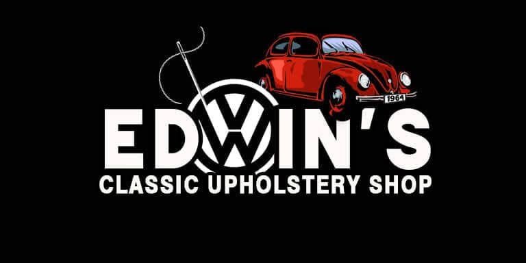 Edwin's Classic Upholstery Shop logo: a red 1964 Beetle with needle and thread above the Edwin's wordmark